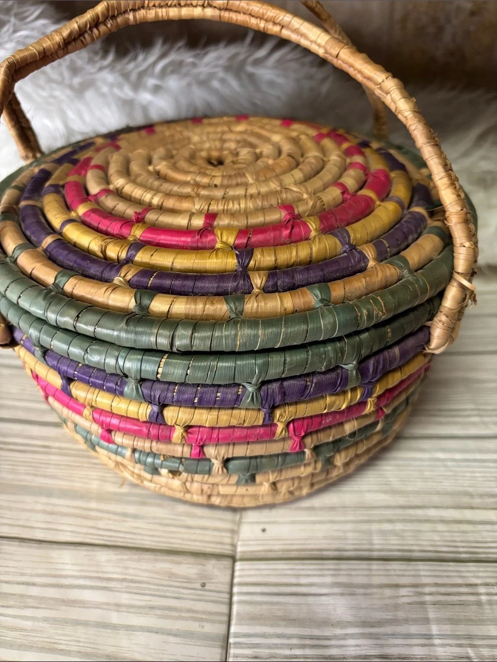 Boho Woven Basket Colorful with handles Sewing Storage Home Decor Dining